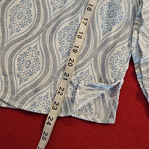 LOVESTITCH Blue white graphics tassel drawstring neckline Tiered Bell Sleeves Md - Picture 8 of 8